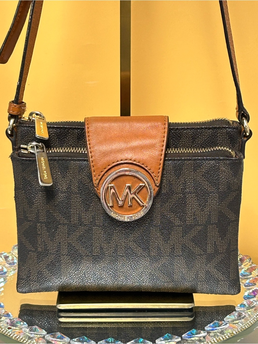 Michael Kors Brown & Tan MK Logo Double Zip Crossbody Bag Approx. 7.5 x 6